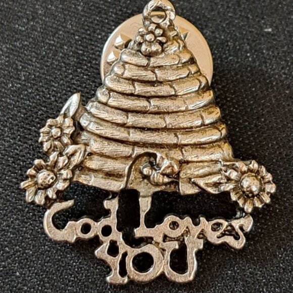 God Loves You Beehive Lapel Pin Silver Tone - Picture 1 of 5